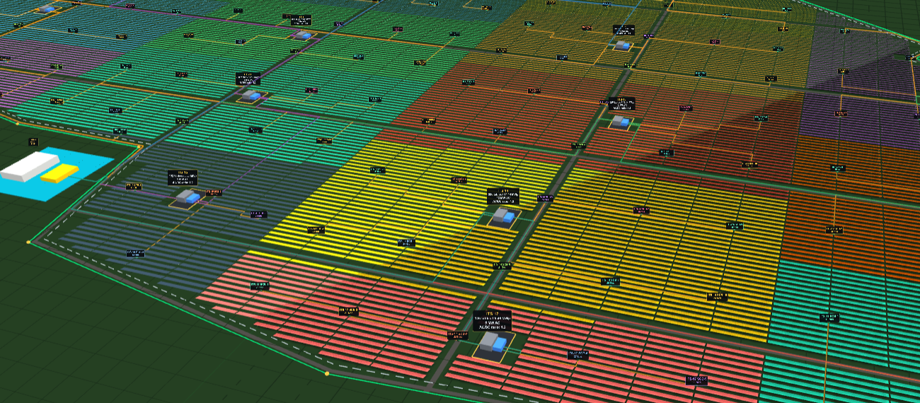SolarCAD three-dimensional view of a 211 MWp solar farm layout, with tables colour-coded by inverter station and roads and cable trenches resolved against the site boundary.